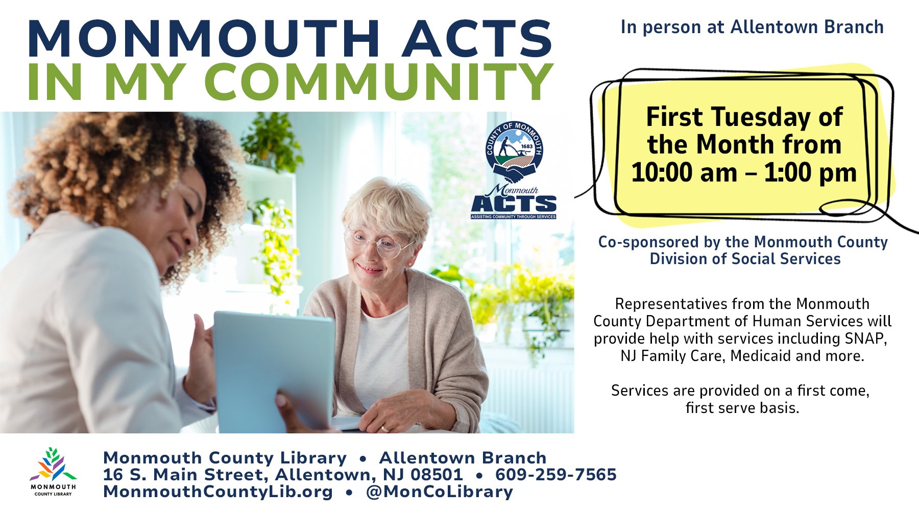 Monmouth Acts event details at Allentown Branch Library, first Tuesday monthly
