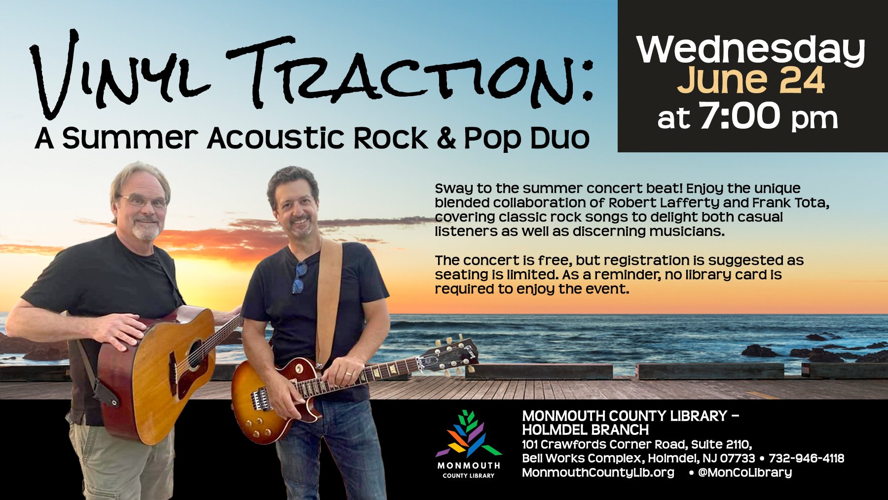 Two musicians with guitars stand by the ocean at sunset