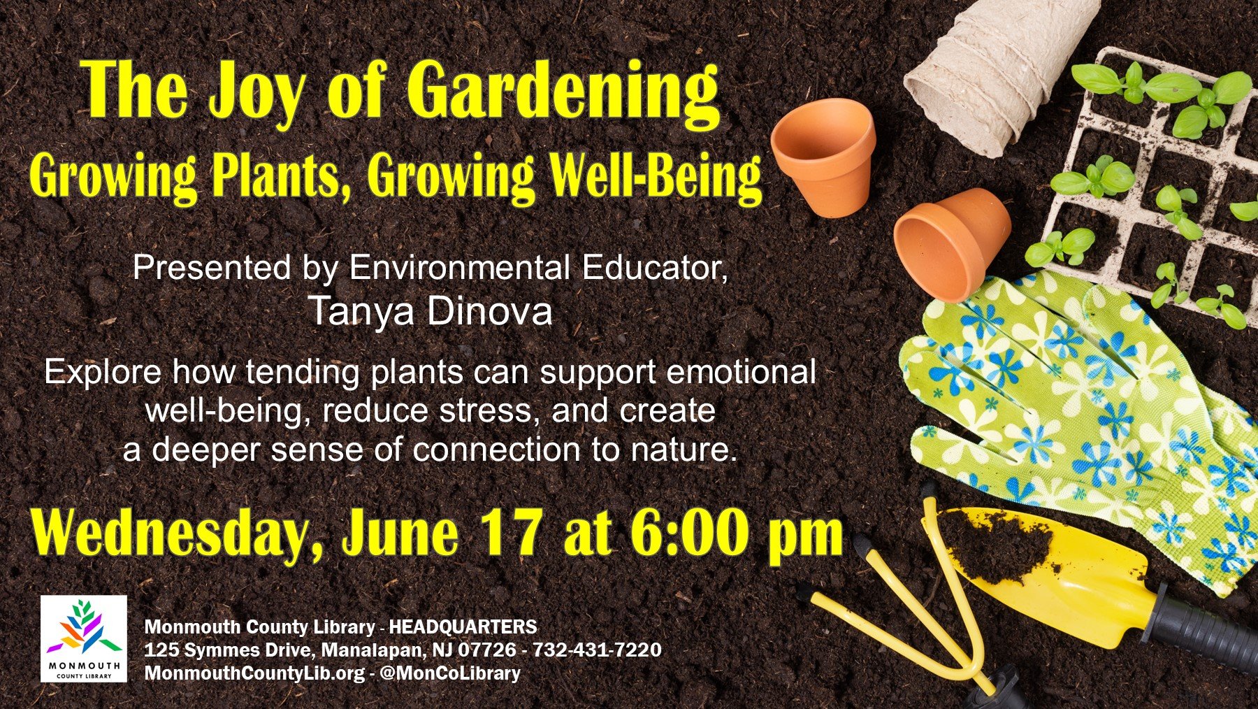 The joy of gardening workshop details with gardening tools and plants