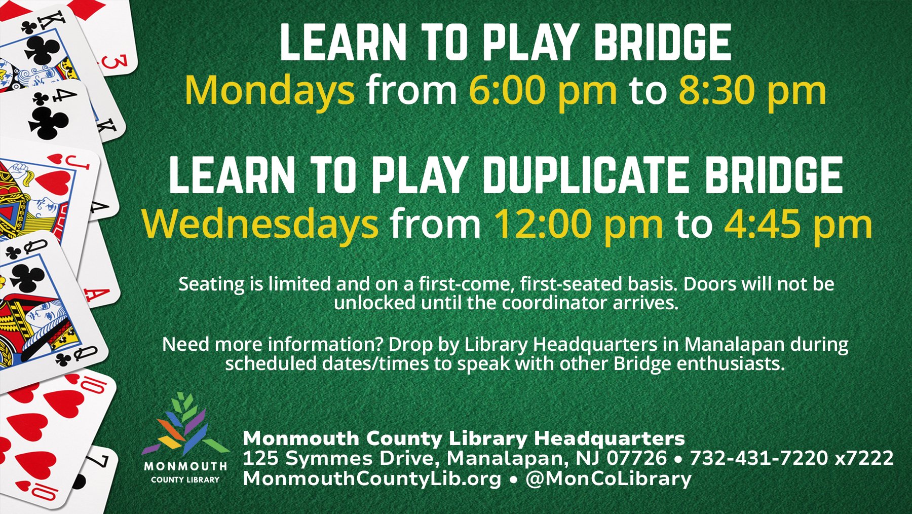 Learn to play bridge classes at Monmouth County Library