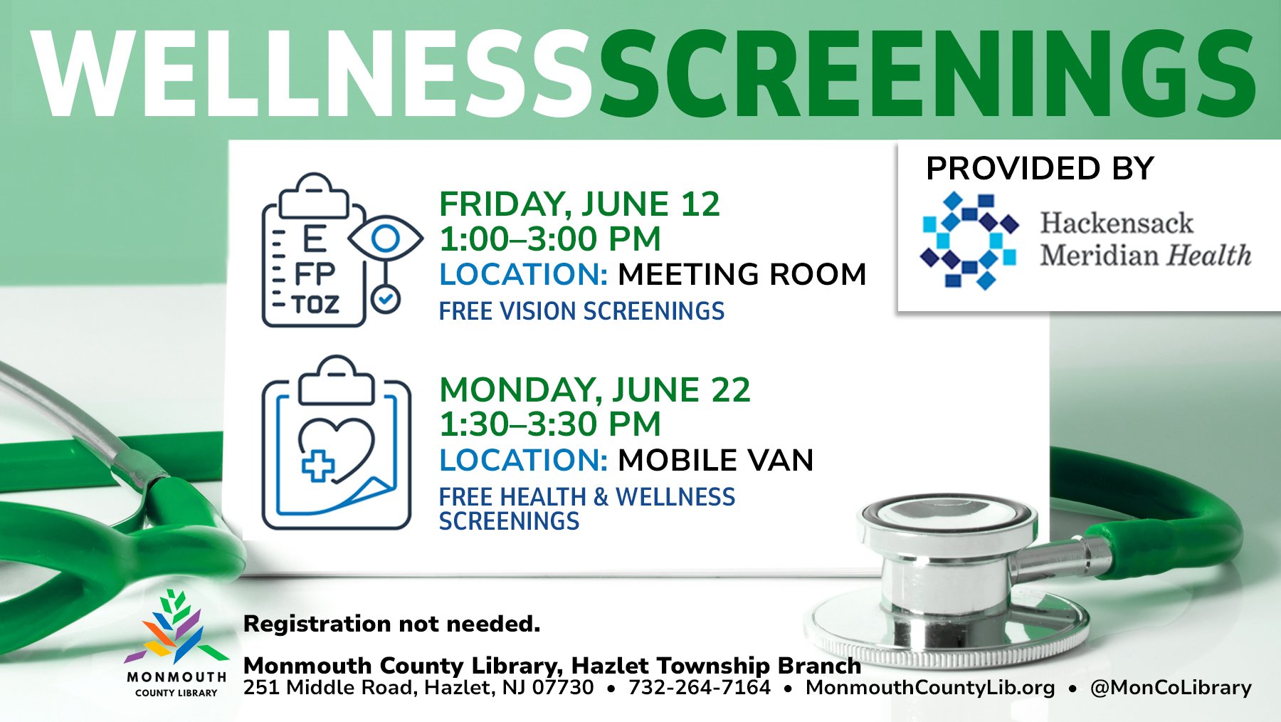 Wellness screenings schedule at Monmouth County Library, Hazlet Township Branch